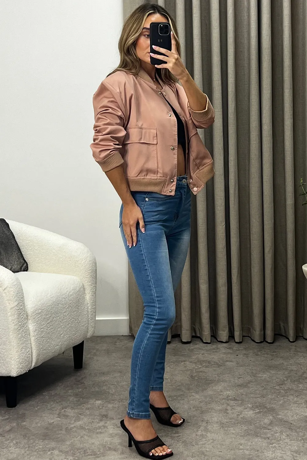 Kienna Rose Beige Pocket Detail Cropped Cargo Bomber Jacket