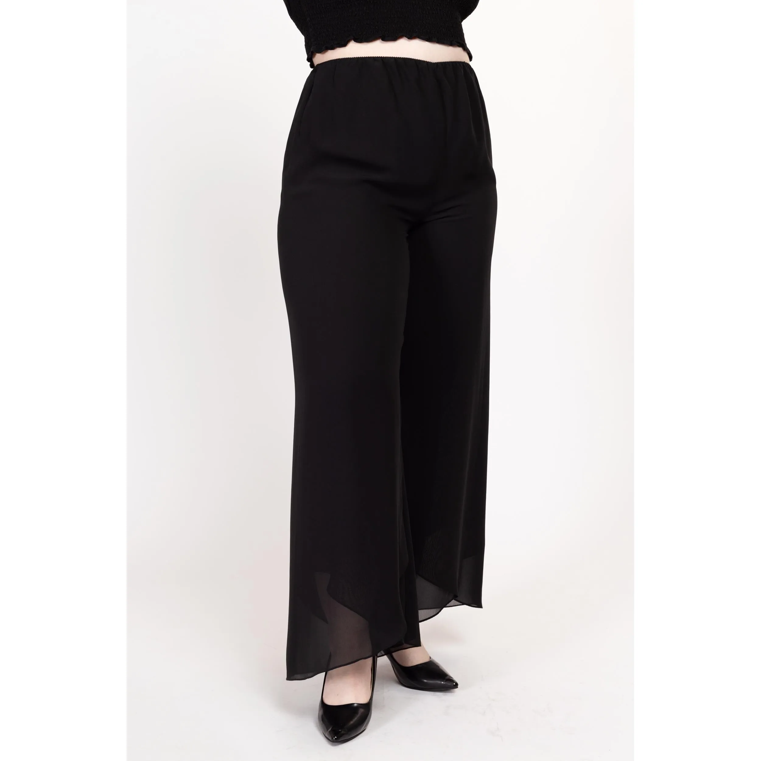 Large 90s Black Chiffon Flowy Wide Leg Pants 28"-32"