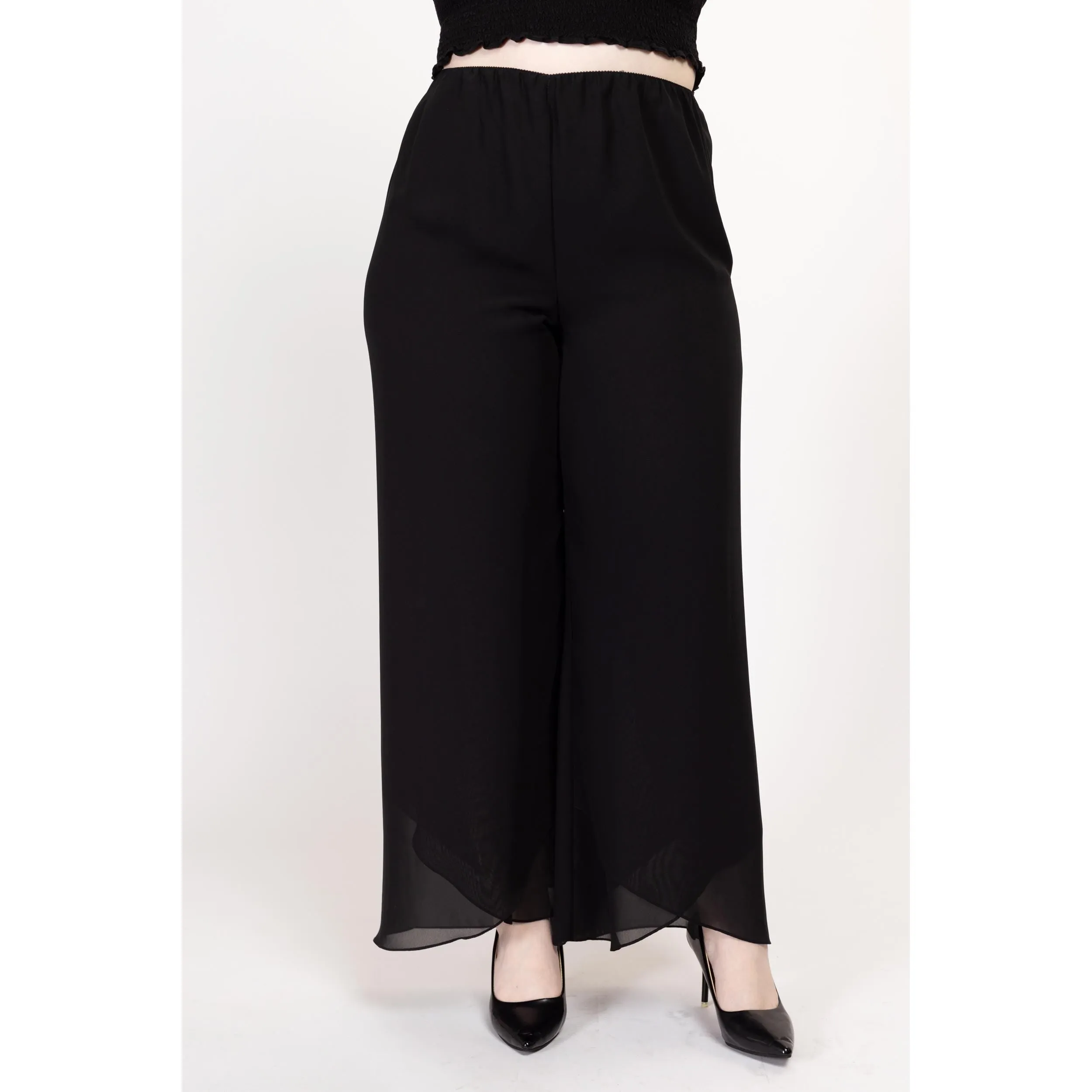 Large 90s Black Chiffon Flowy Wide Leg Pants 28"-32"