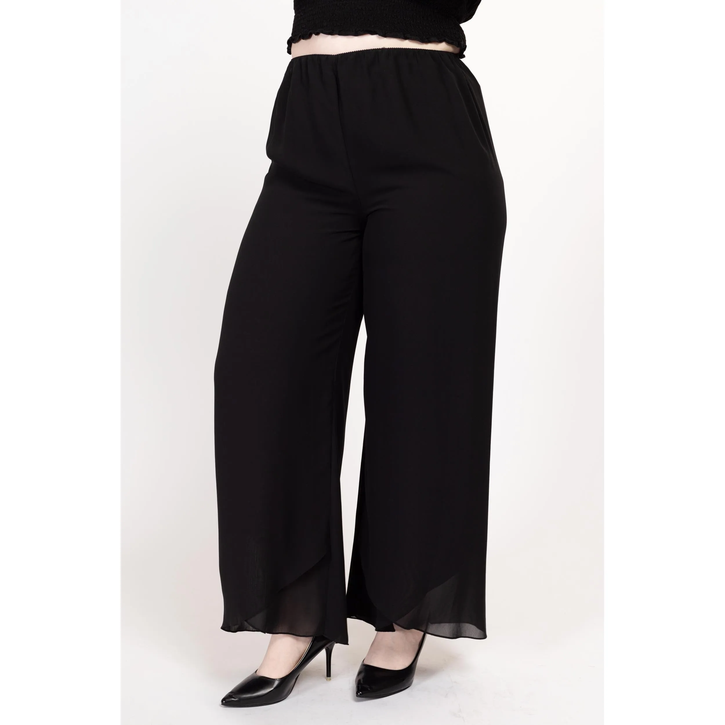 Large 90s Black Chiffon Flowy Wide Leg Pants 28"-32"