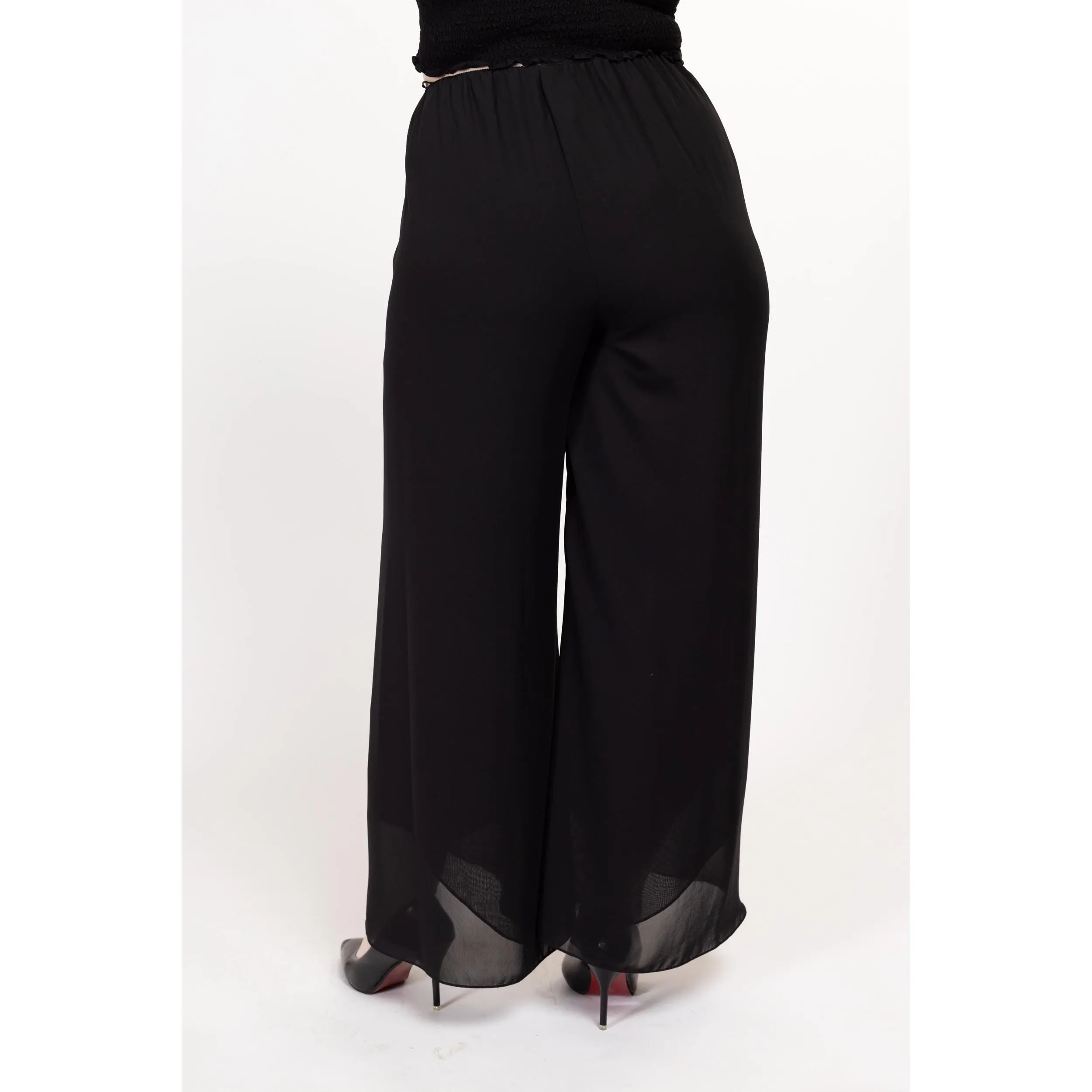 Large 90s Black Chiffon Flowy Wide Leg Pants 28"-32"