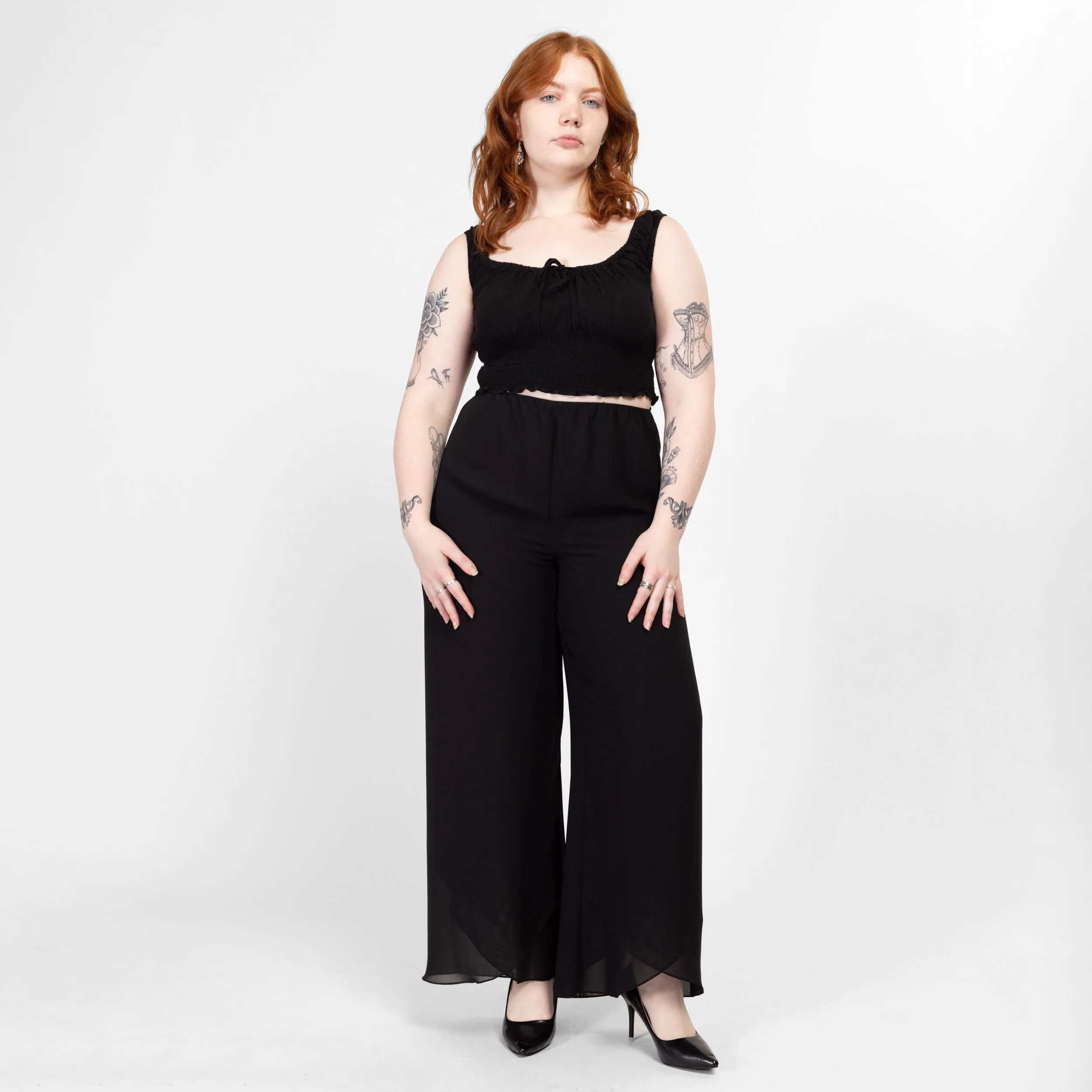Large 90s Black Chiffon Flowy Wide Leg Pants 28"-32"
