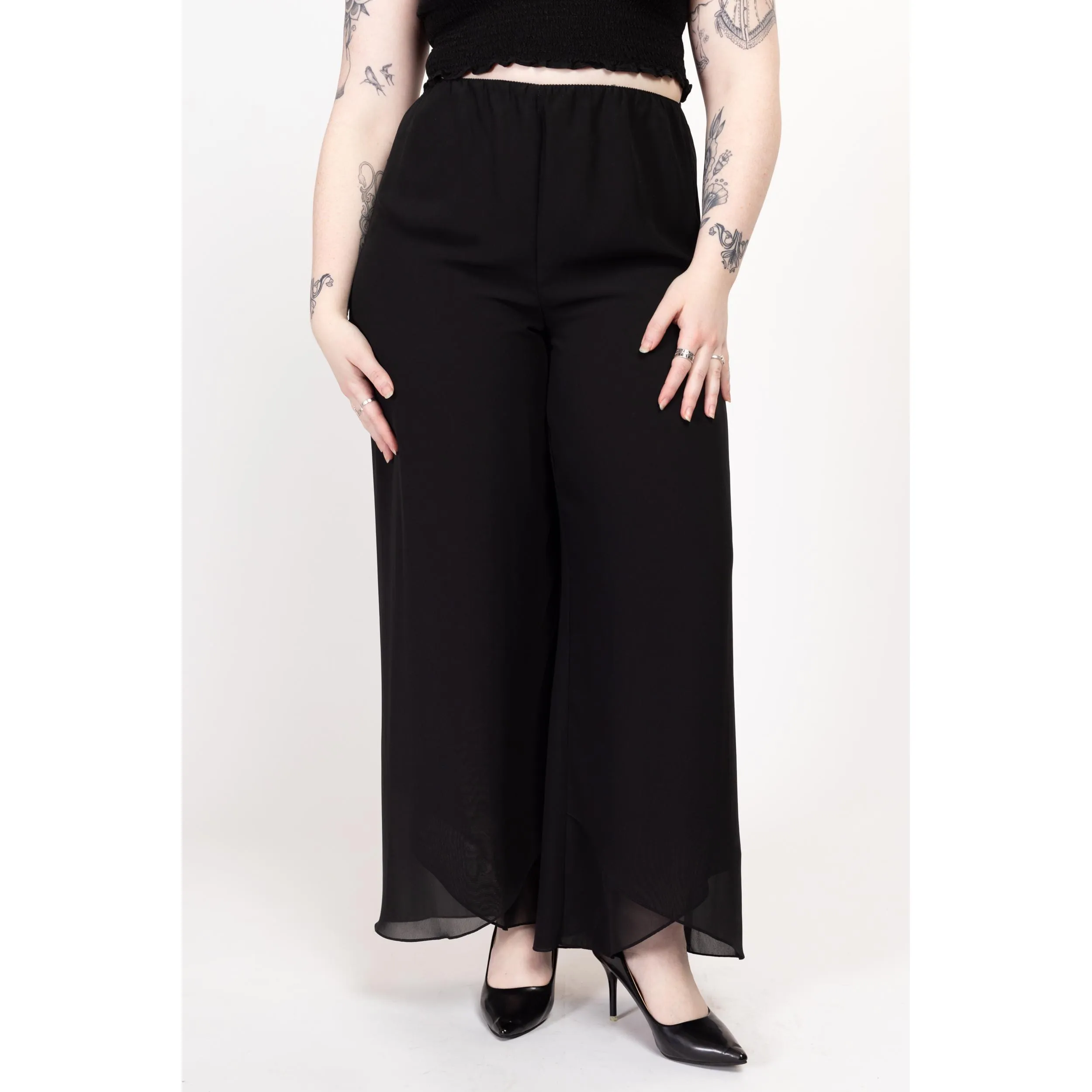 Large 90s Black Chiffon Flowy Wide Leg Pants 28"-32"