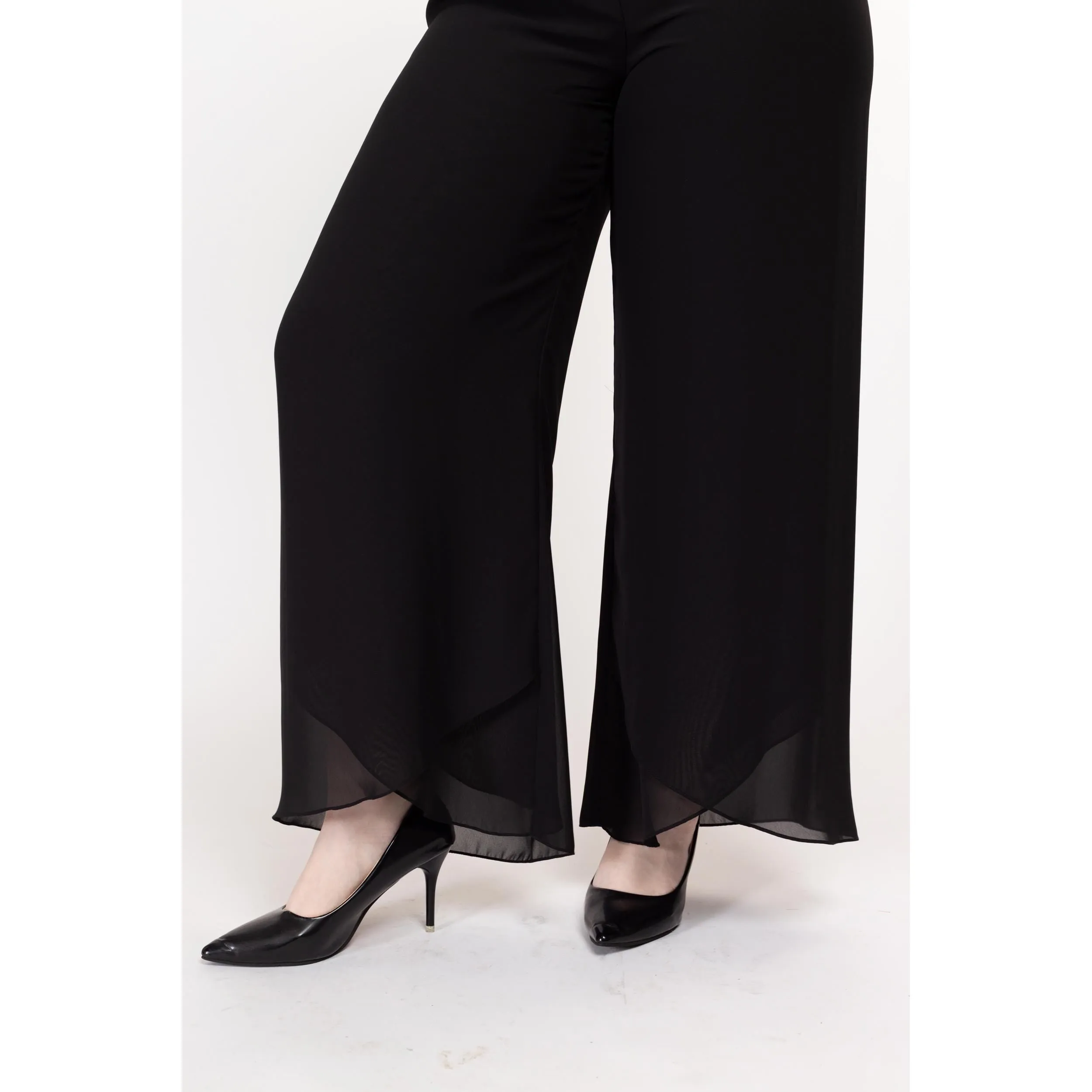 Large 90s Black Chiffon Flowy Wide Leg Pants 28"-32"