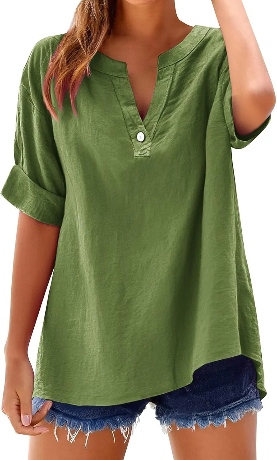 Linen Shirts for Women Summer Work Tops Trendy Plus Size Button Down V Neck Boho Clothes Summer Tops for Women 2025