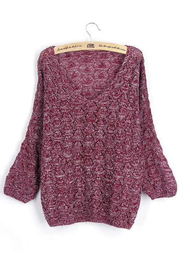 Long Bat-wing Sleeves V-neck Pure Color Loose Sweater