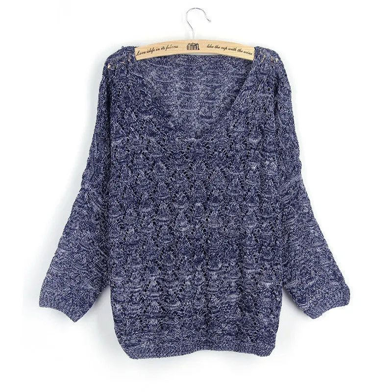 Long Bat-wing Sleeves V-neck Pure Color Loose Sweater