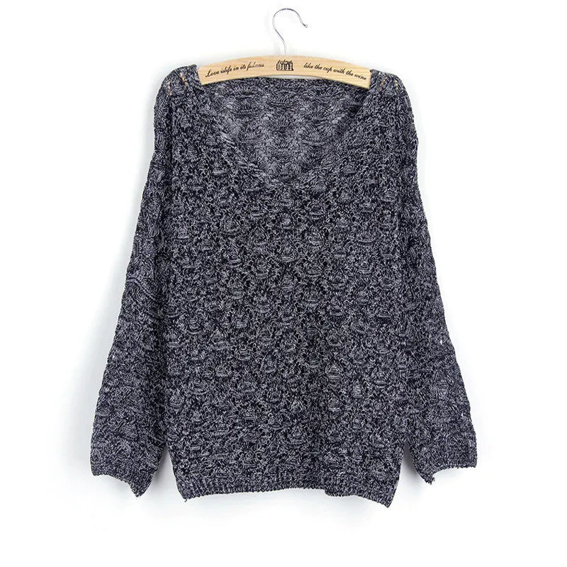 Long Bat-wing Sleeves V-neck Pure Color Loose Sweater