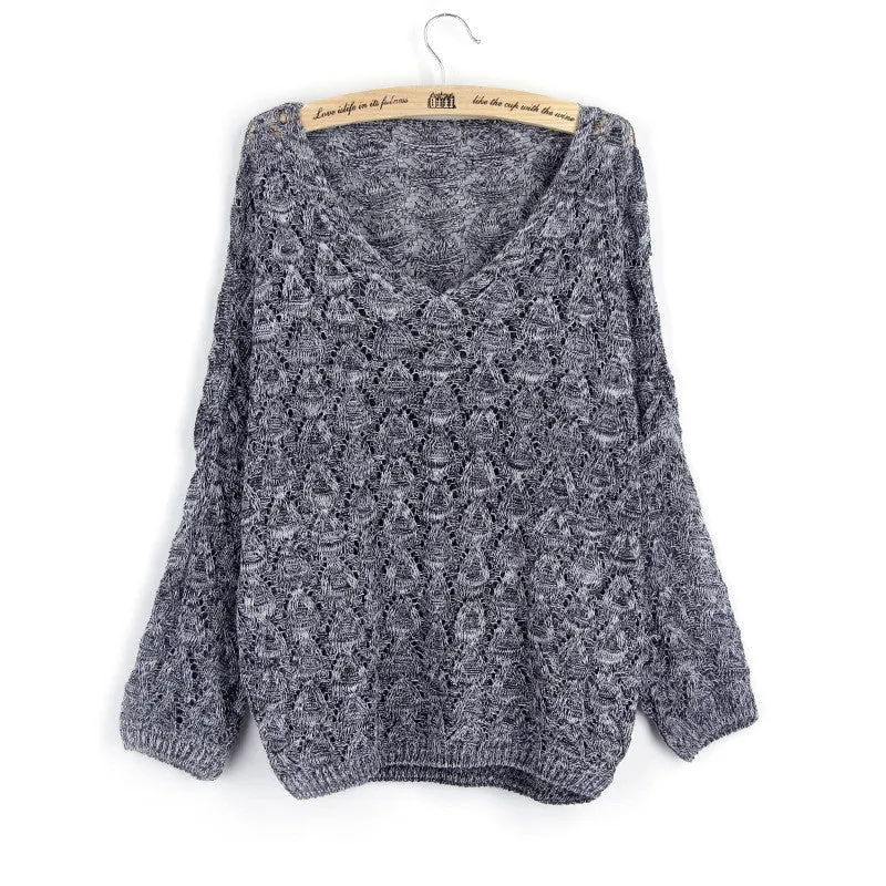 Long Bat-wing Sleeves V-neck Pure Color Loose Sweater