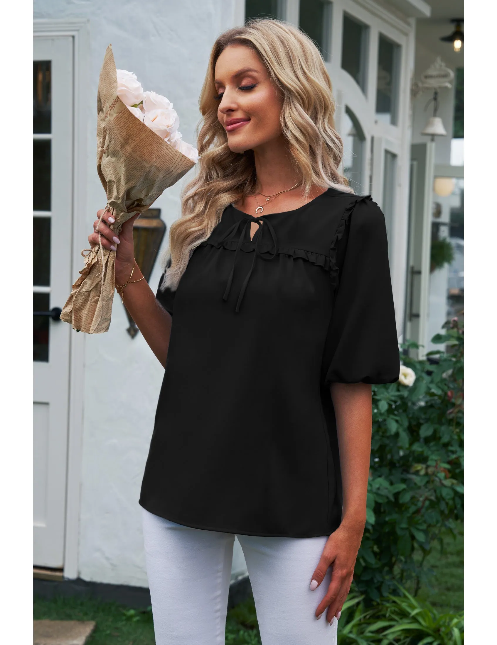 luvamia Womens Blouses and Tops Dressy Casual Business Tie Neck Ruffle Puff Sleeve Work Dress Shirt