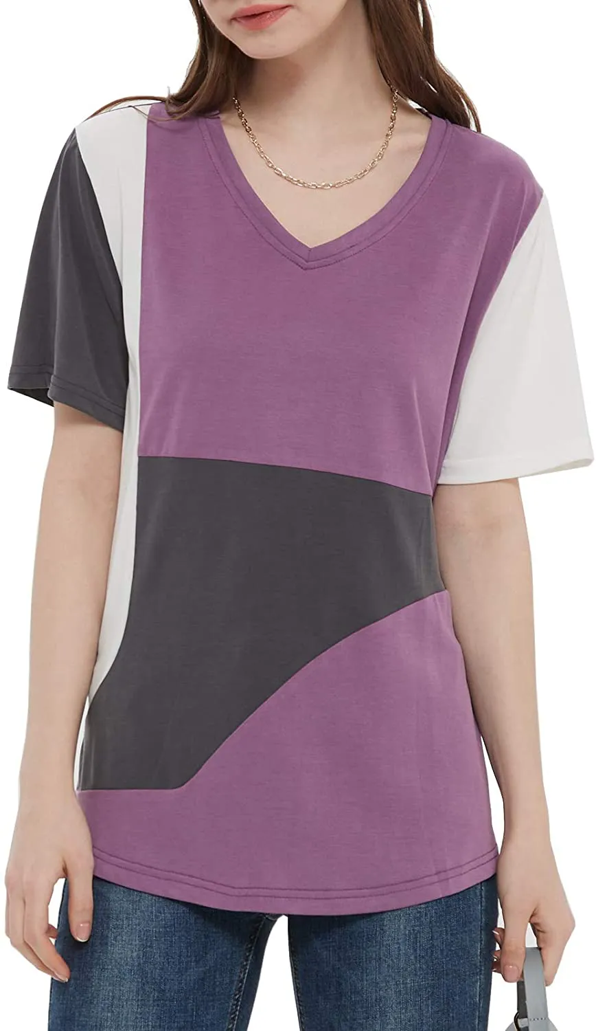 MEESHUU Womens V Neck Short Sleeve T Shirts Casual Color Block Tunic Tee Tops