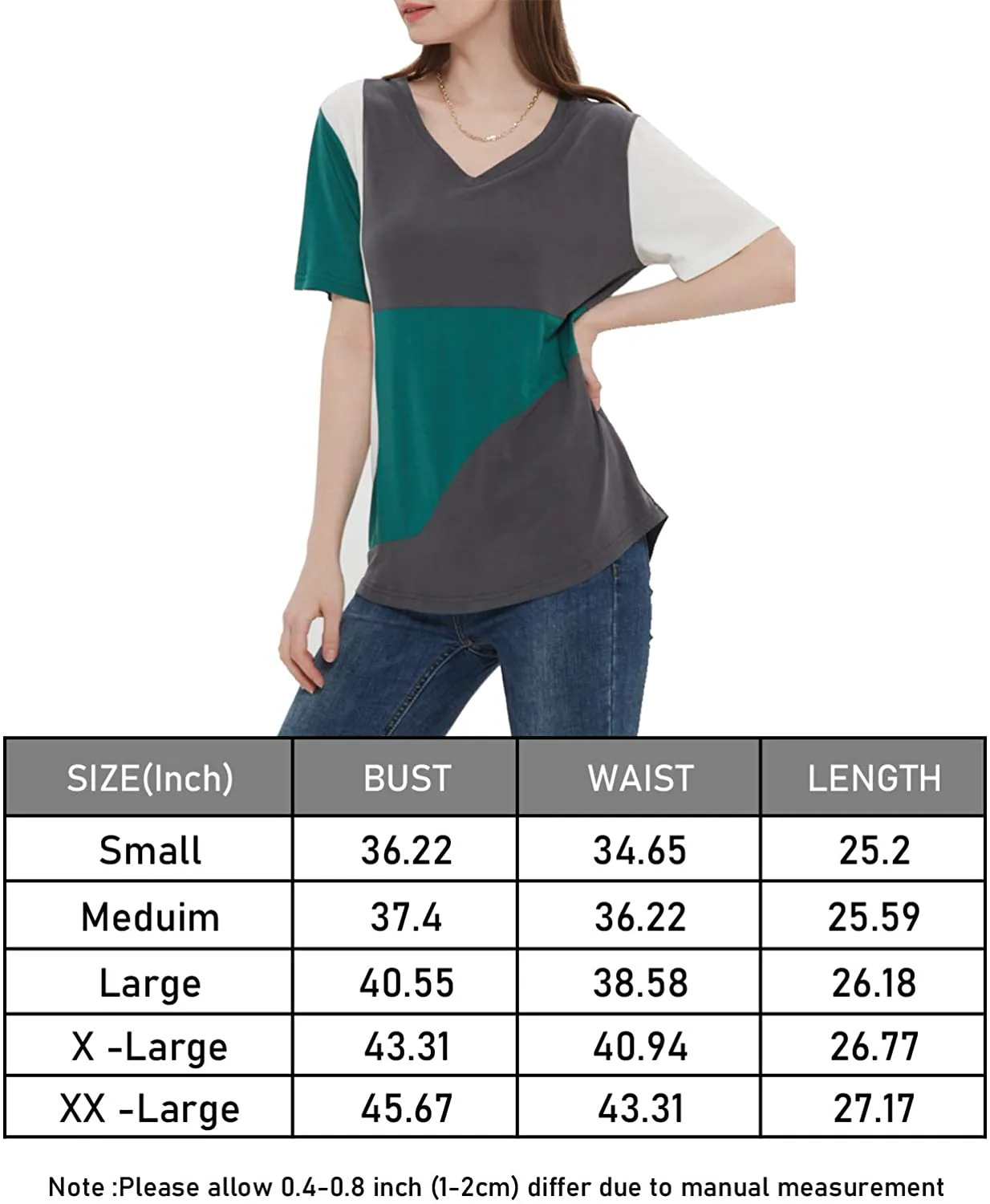 MEESHUU Womens V Neck Short Sleeve T Shirts Casual Color Block Tunic Tee Tops