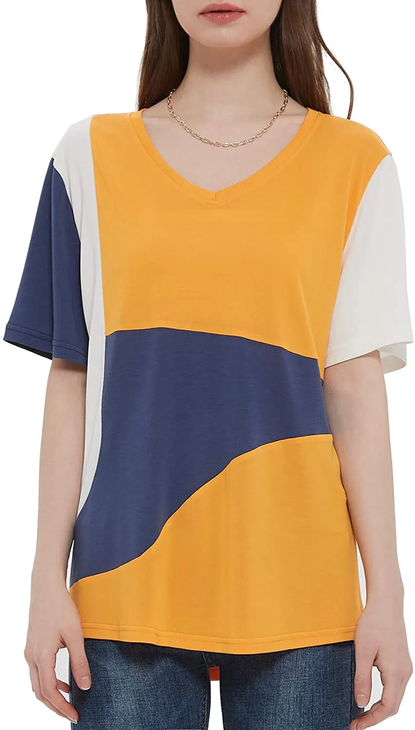 MEESHUU Womens V Neck Short Sleeve T Shirts Casual Color Block Tunic Tee Tops