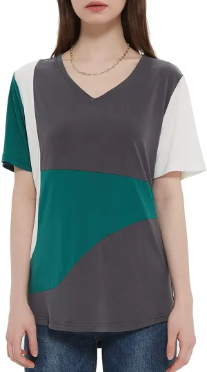 MEESHUU Womens V Neck Short Sleeve T Shirts Casual Color Block Tunic Tee Tops