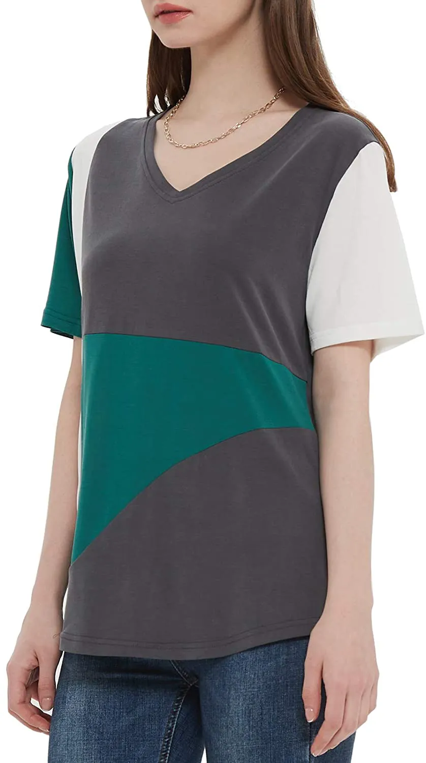 MEESHUU Womens V Neck Short Sleeve T Shirts Casual Color Block Tunic Tee Tops