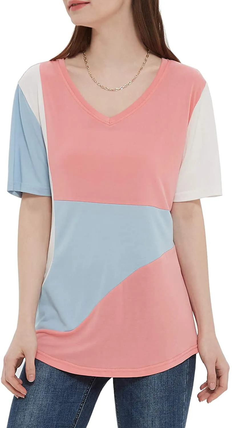 MEESHUU Womens V Neck Short Sleeve T Shirts Casual Color Block Tunic Tee Tops