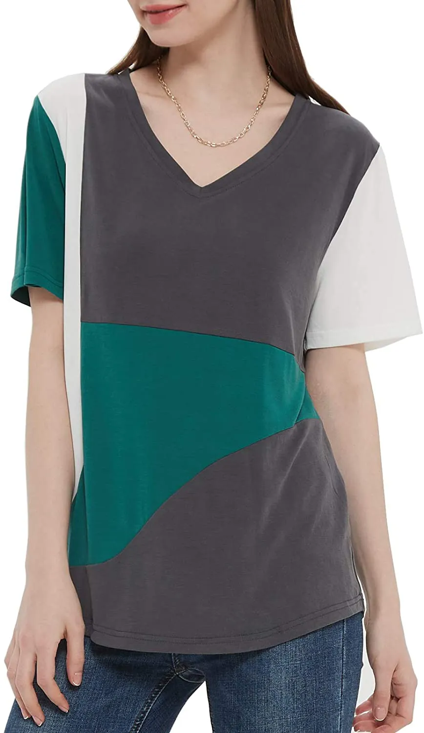 MEESHUU Womens V Neck Short Sleeve T Shirts Casual Color Block Tunic Tee Tops