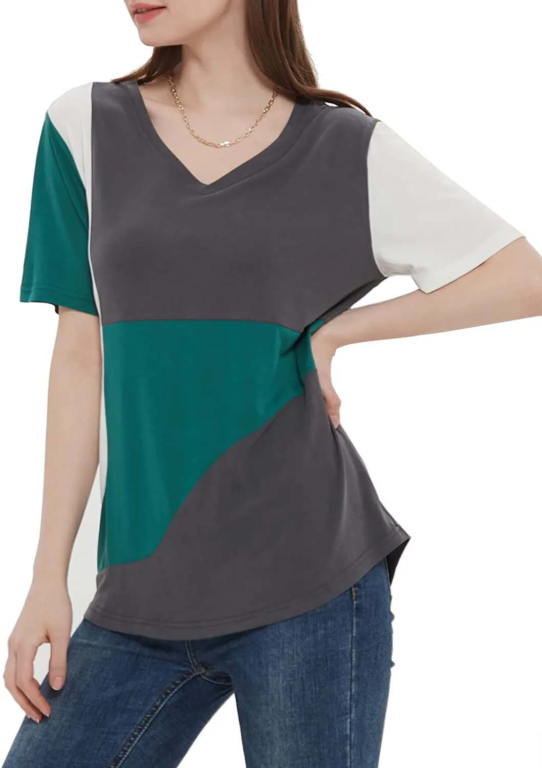 MEESHUU Womens V Neck Short Sleeve T Shirts Casual Color Block Tunic Tee Tops
