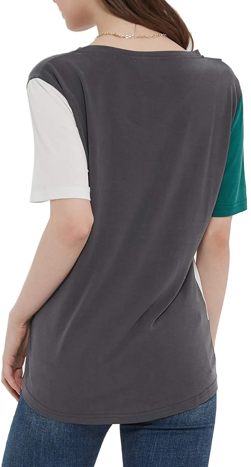 MEESHUU Womens V Neck Short Sleeve T Shirts Casual Color Block Tunic Tee Tops