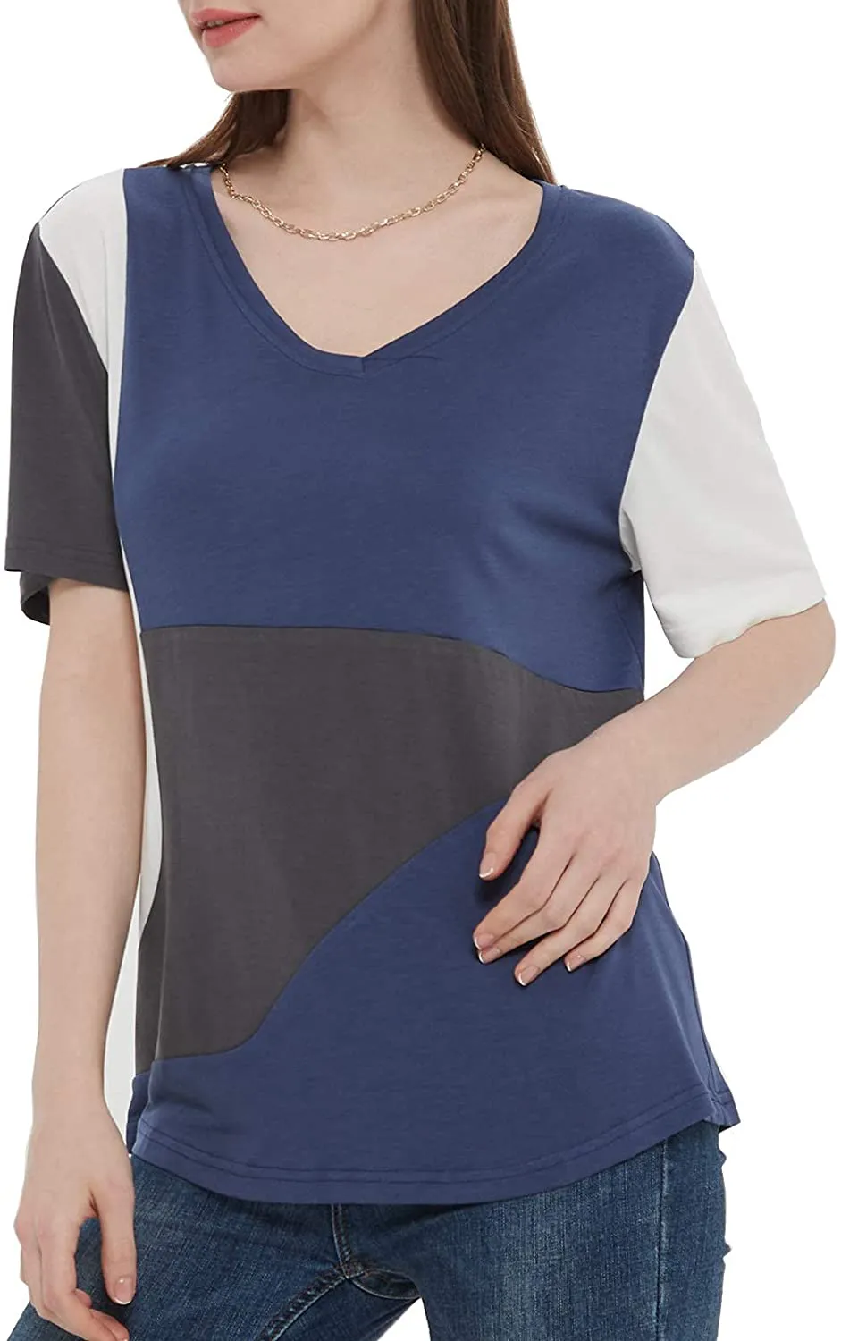 MEESHUU Womens V Neck Short Sleeve T Shirts Casual Color Block Tunic Tee Tops