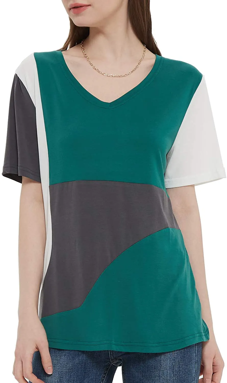 MEESHUU Womens V Neck Short Sleeve T Shirts Casual Color Block Tunic Tee Tops
