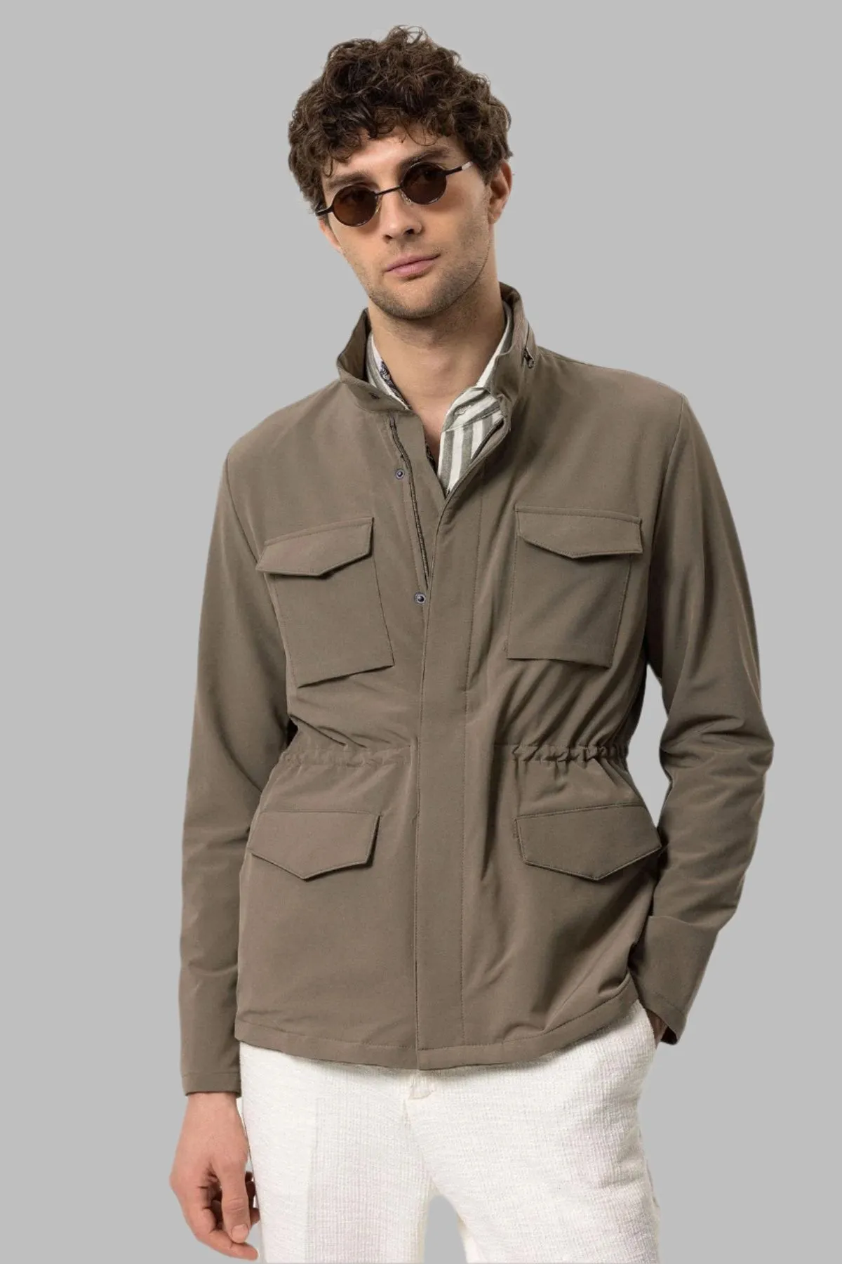 Men's Khaki Stand Collar Safari  Jacket - Wessi