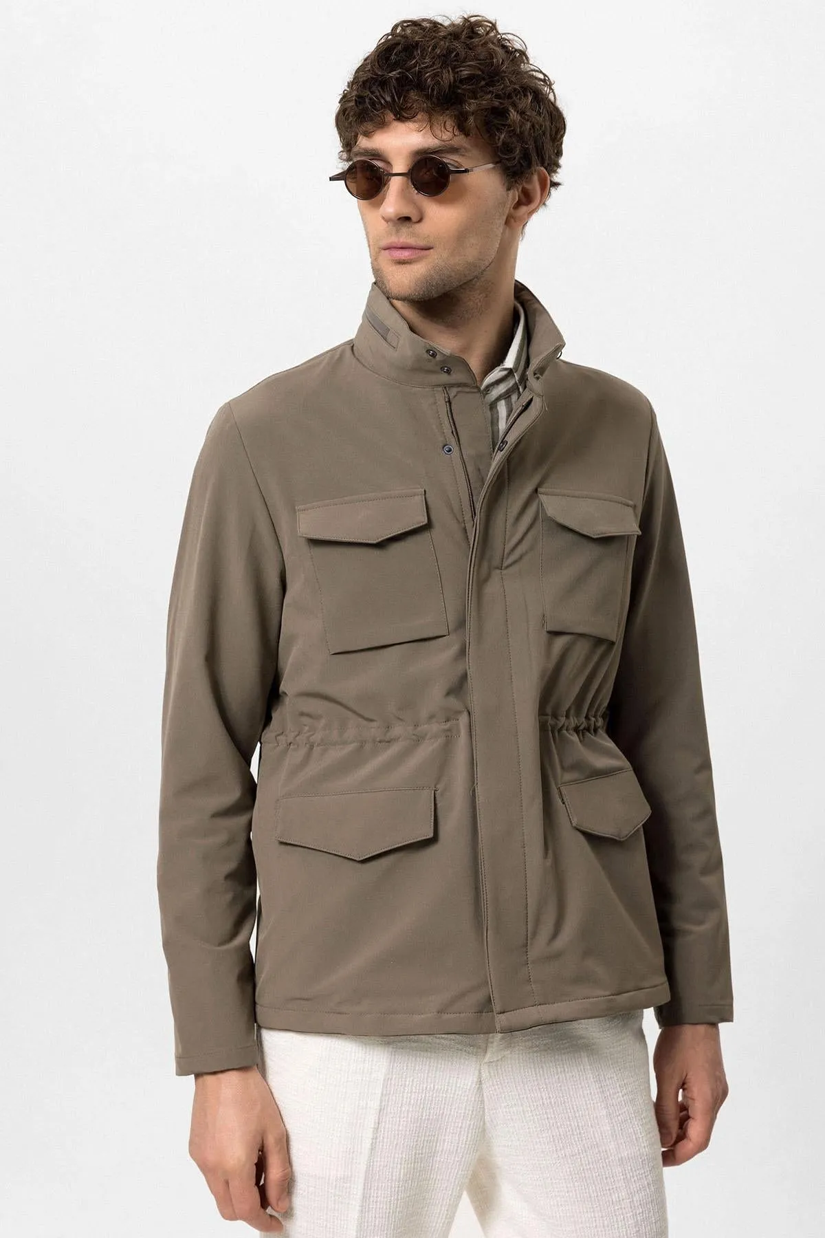 Men's Khaki Stand Collar Safari  Jacket - Wessi