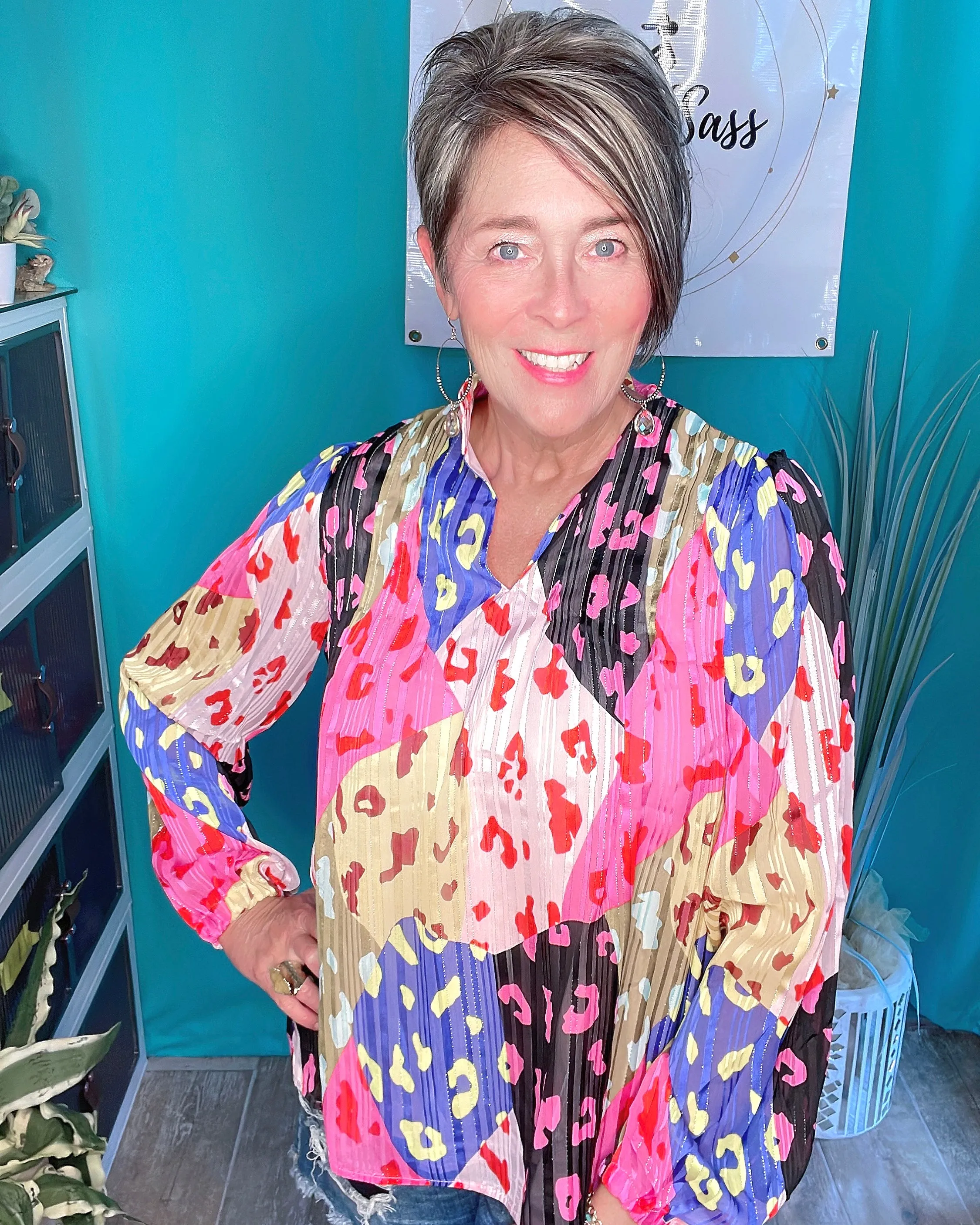 Multicolor Pink Blue Yellow Black Leopard Patchwork Gold Thread Pleated Blouse