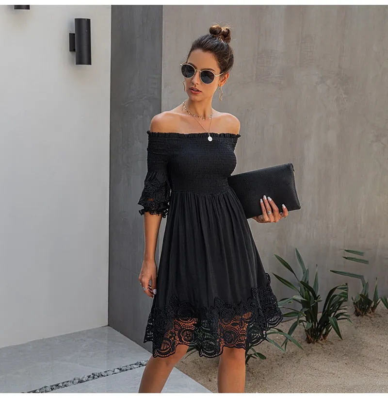 Off Shoulder Black Lace Fitted Dress