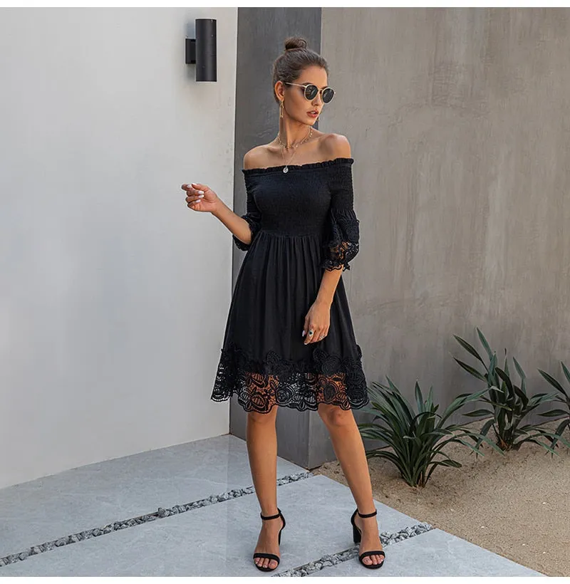 Off Shoulder Black Lace Fitted Dress