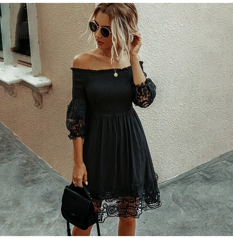 Off Shoulder Black Lace Fitted Dress