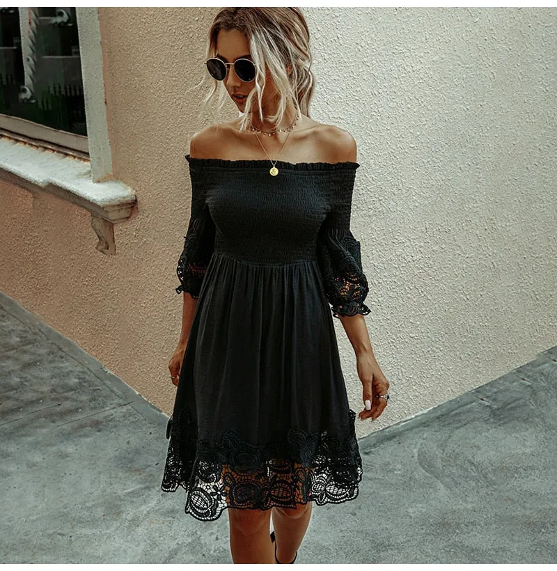 Off Shoulder Black Lace Fitted Dress
