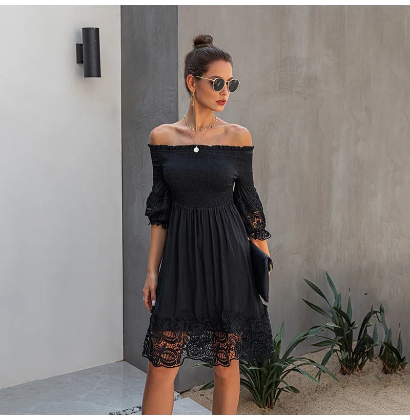 Off Shoulder Black Lace Fitted Dress
