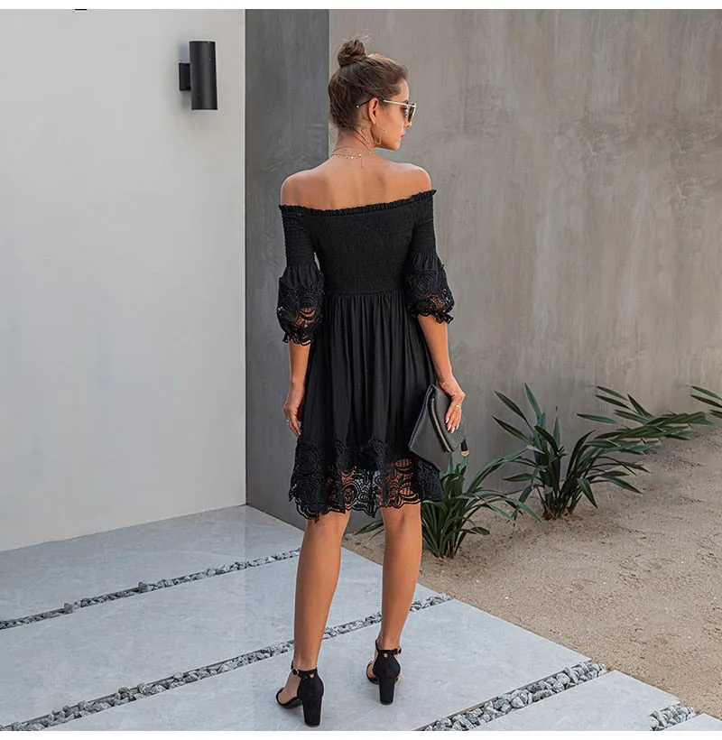 Off Shoulder Black Lace Fitted Dress