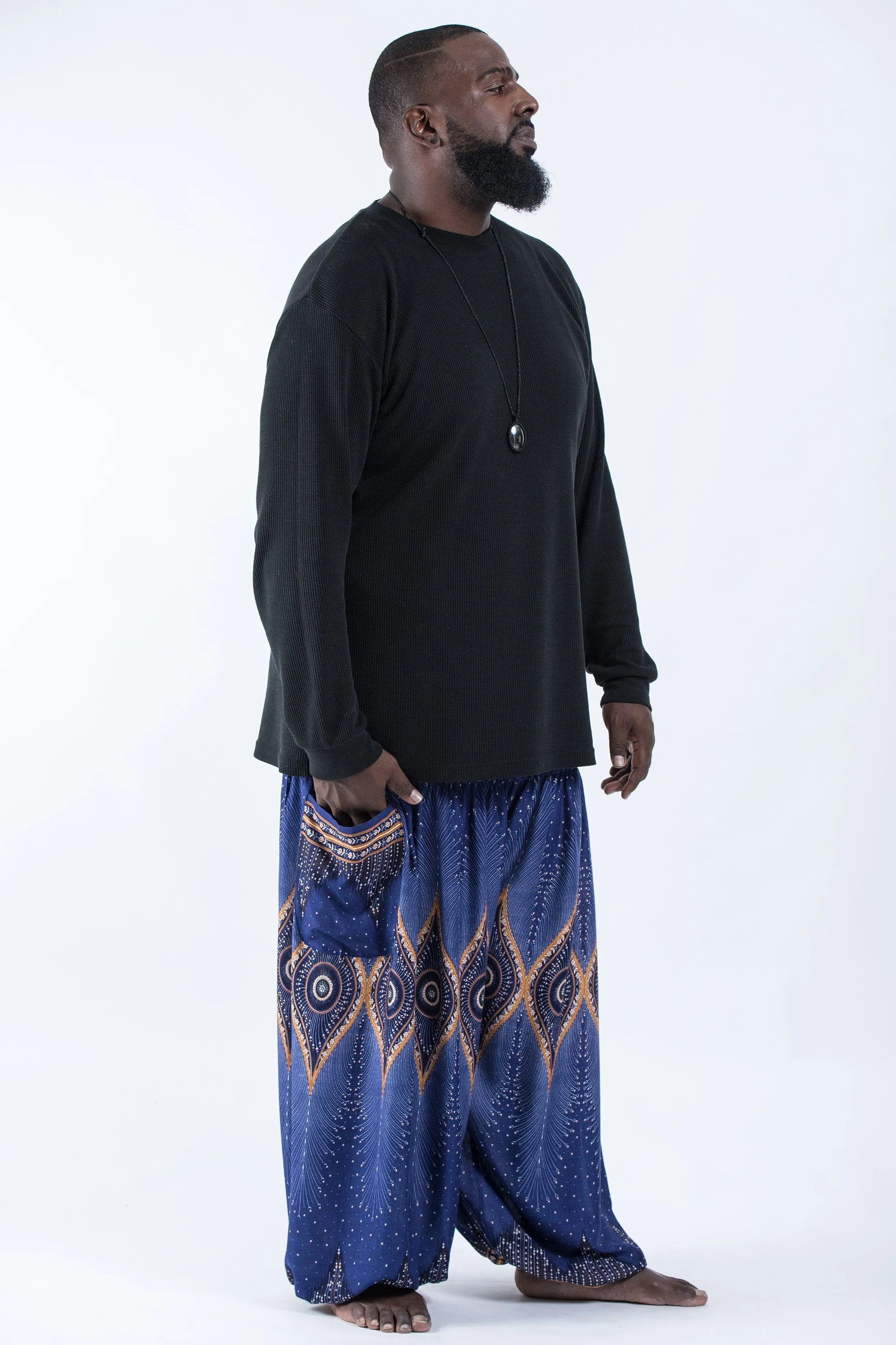Plus Size Diamond Peacock Men's Harem Pants in Blue