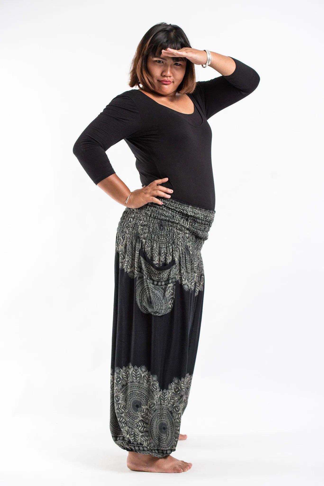 Plus Size Floral Mandalas Women's Harem Pants in Black