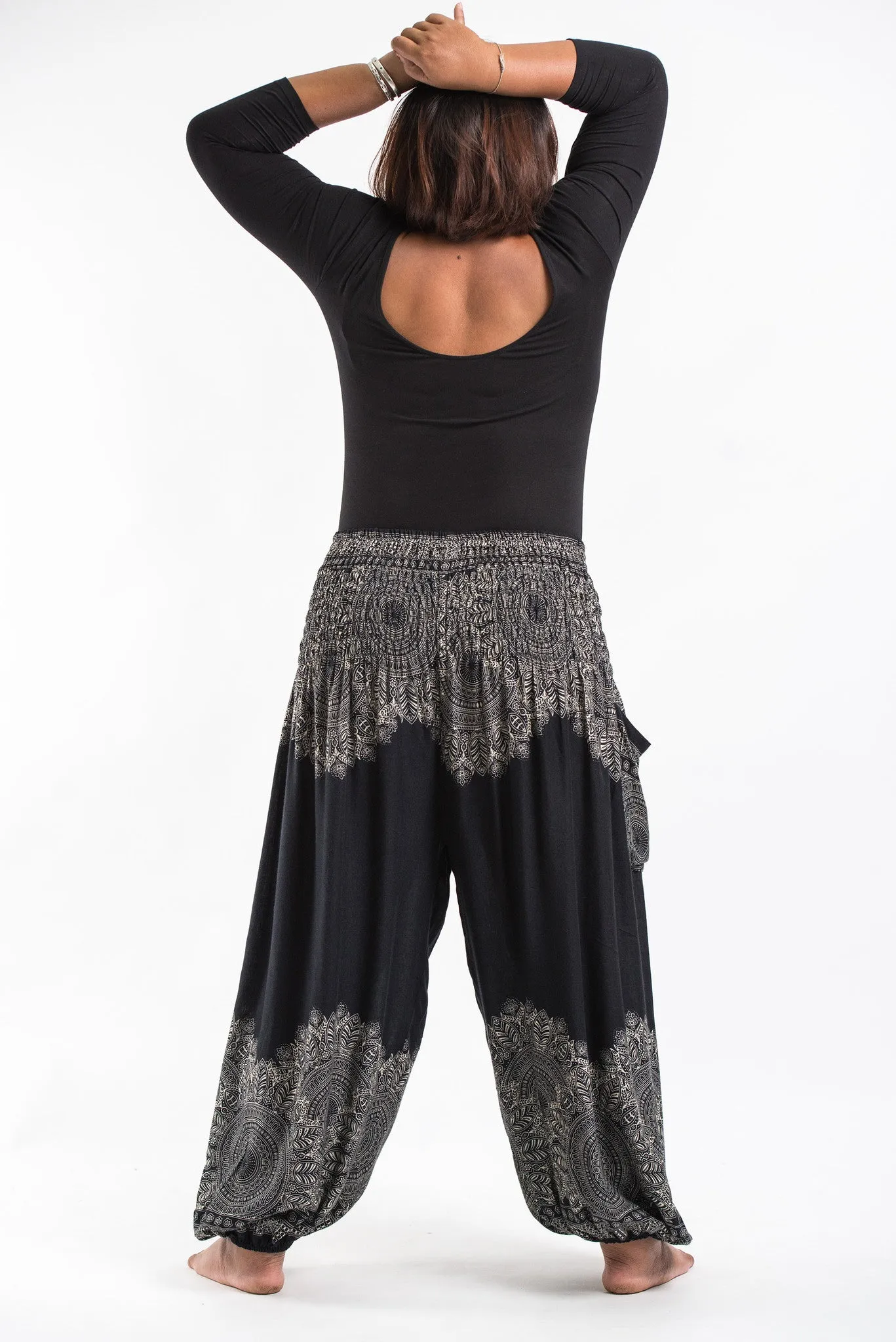 Plus Size Floral Mandalas Women's Harem Pants in Black
