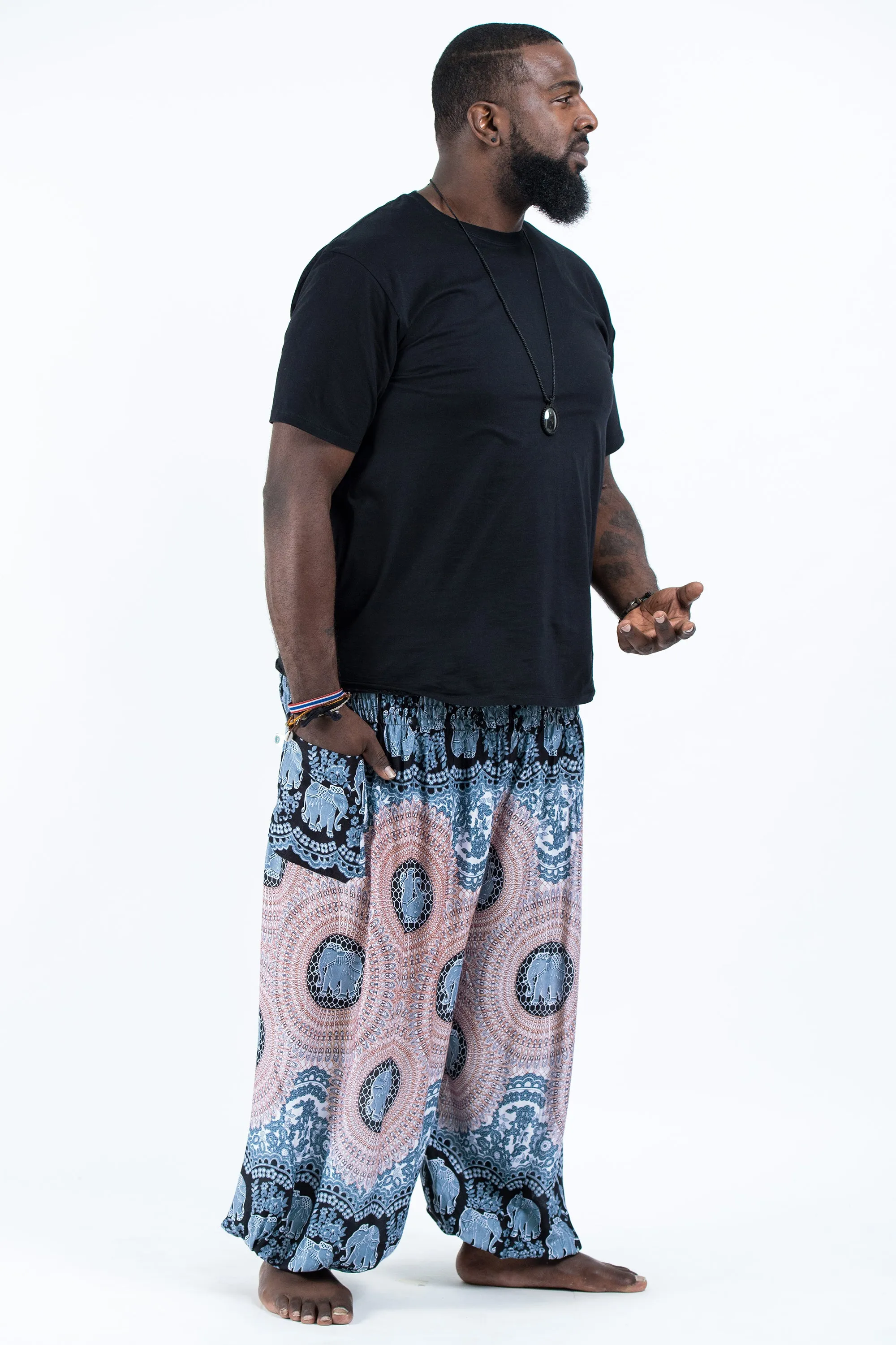 Plus Size Mandala Elephant Men's Elephant Pants in Silver Gray