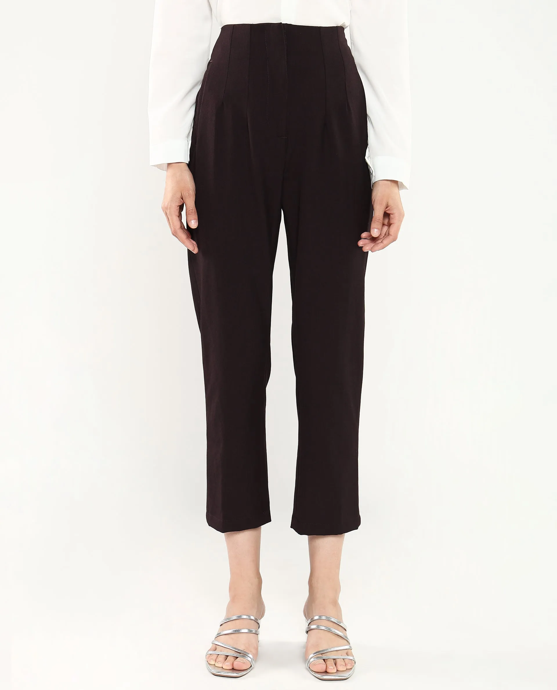 Rareism Women Falqu Maroon Zipper Tapered Fit Plain Ankle Length Trouser