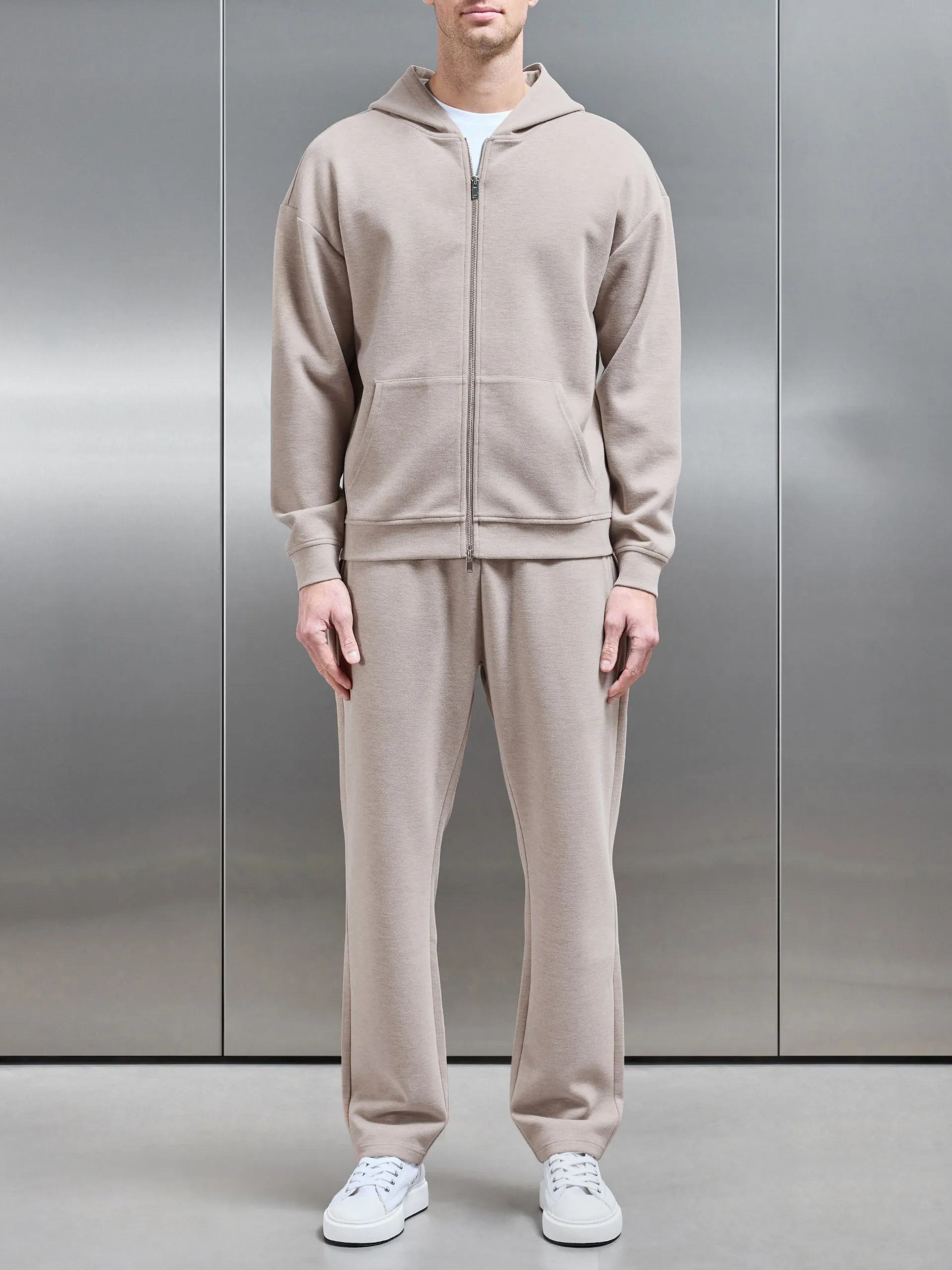 Relaxed Fit Knitted Zip Through Hoodie in Stone