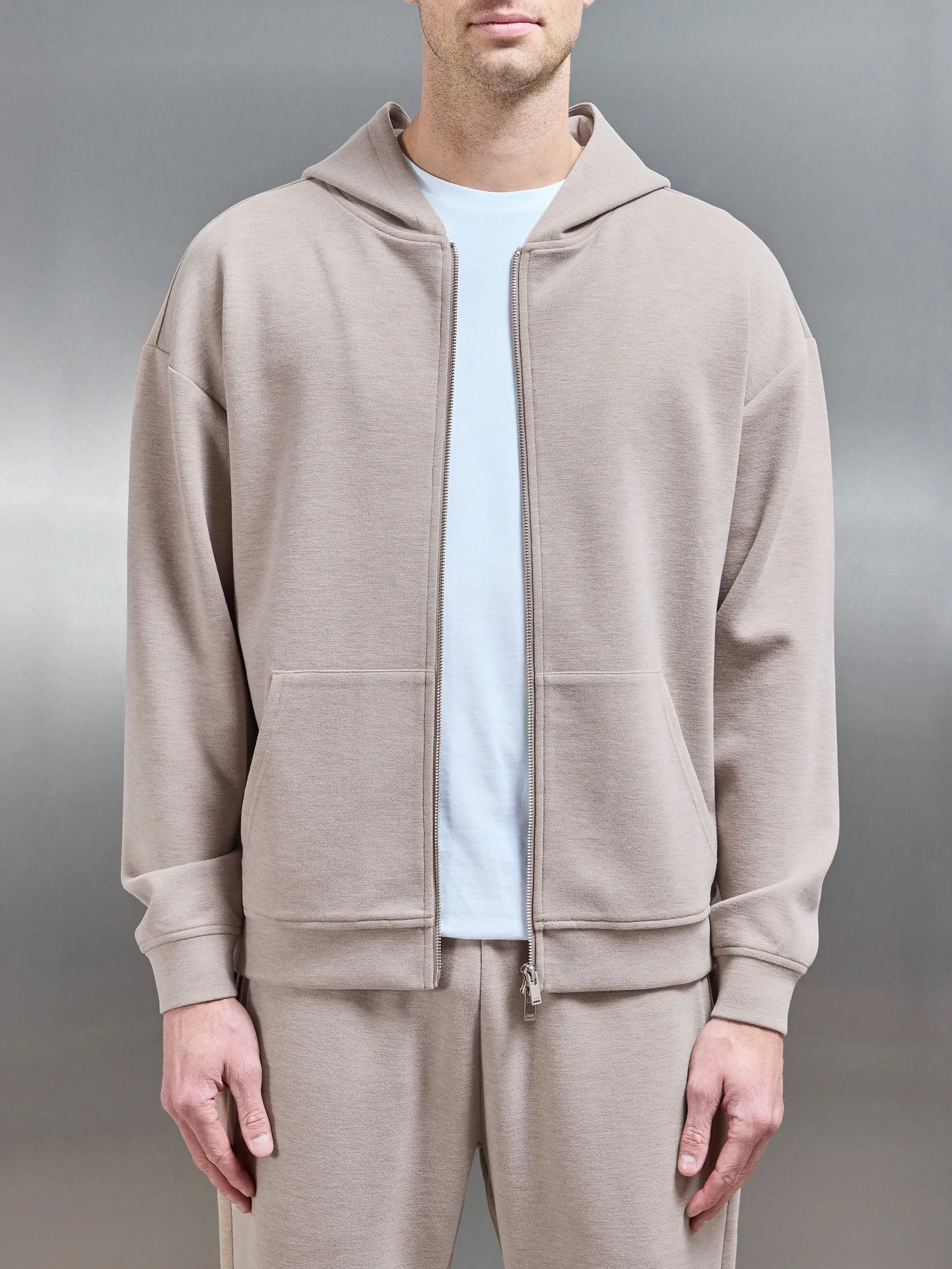 Relaxed Fit Knitted Zip Through Hoodie in Stone