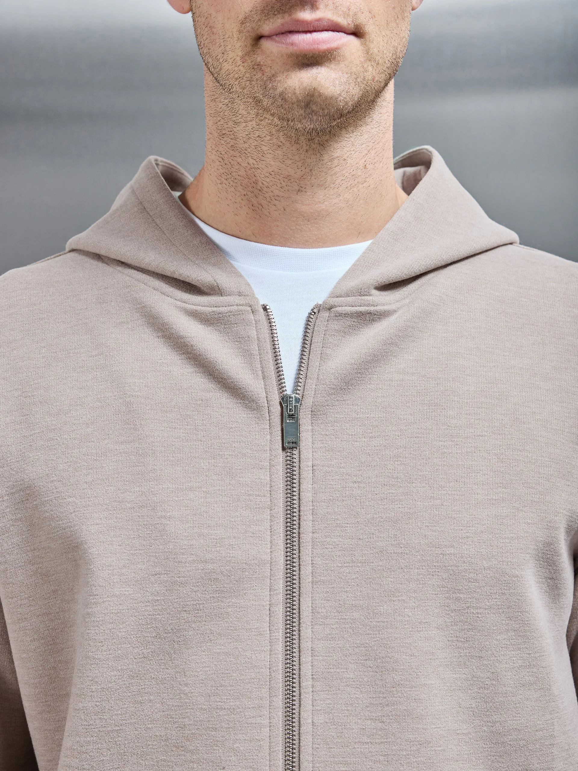 Relaxed Fit Knitted Zip Through Hoodie in Stone