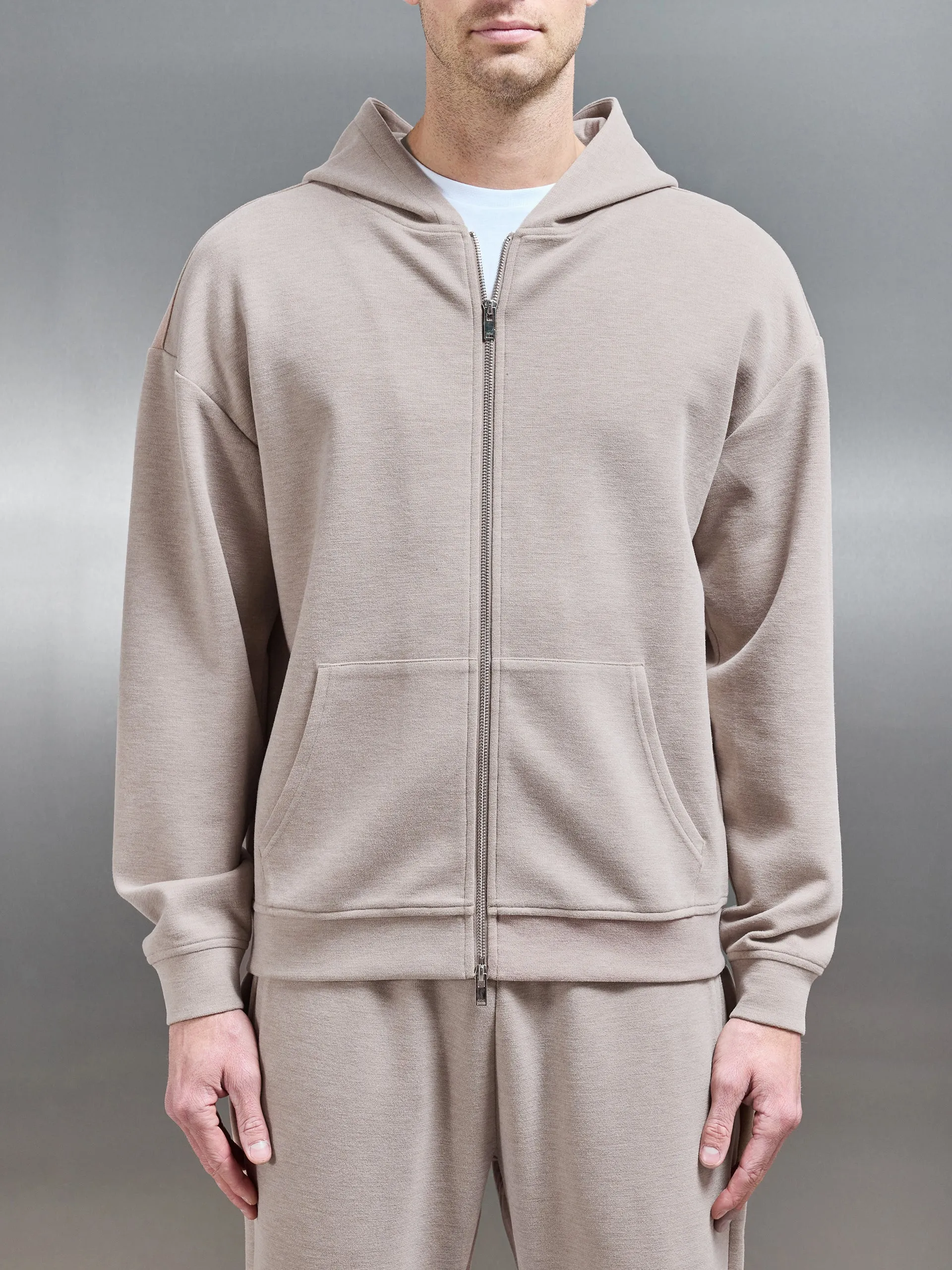 Relaxed Fit Knitted Zip Through Hoodie in Stone