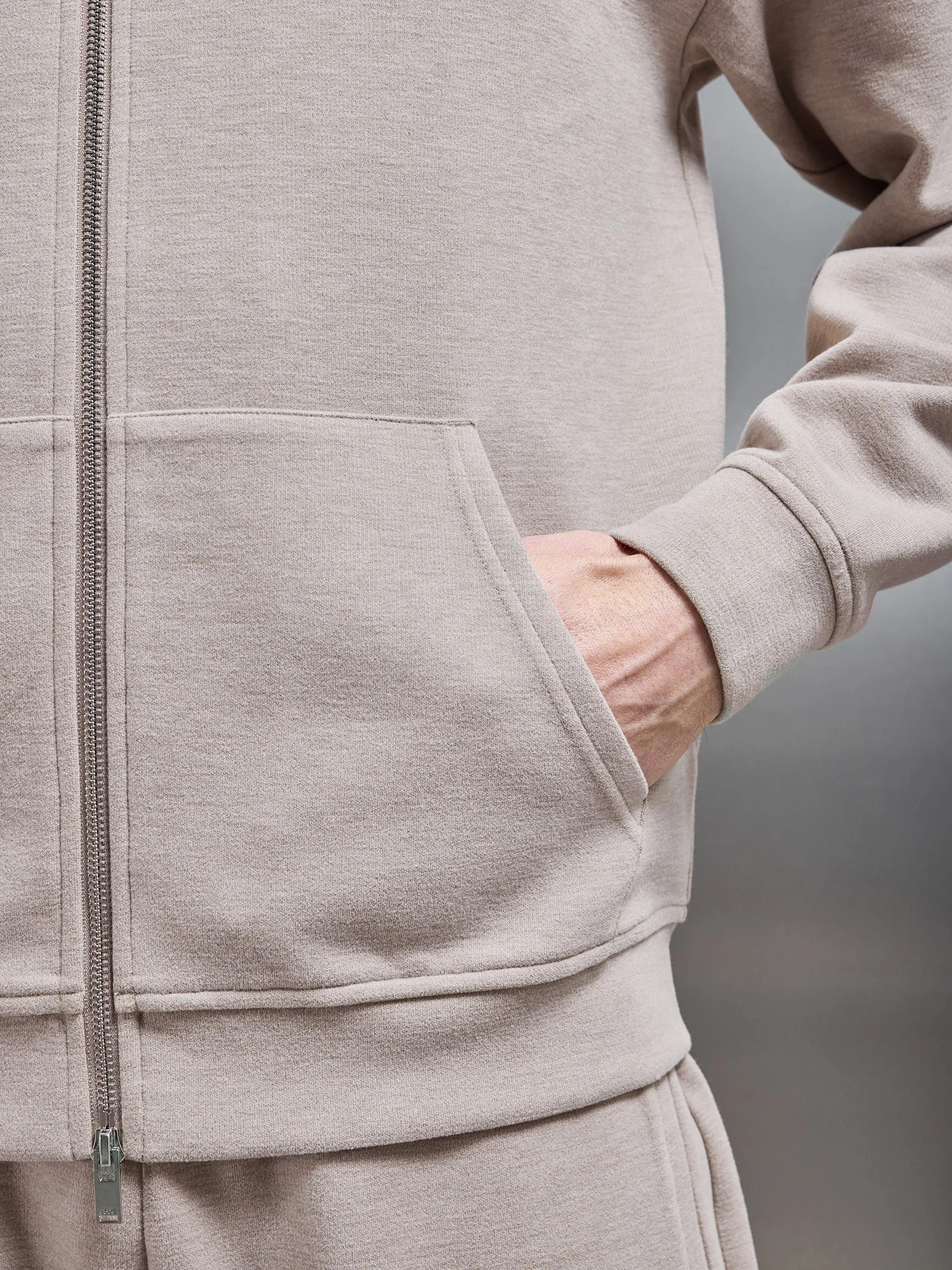 Relaxed Fit Knitted Zip Through Hoodie in Stone