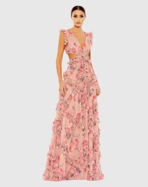 Ruffle cut out cap sleeve v neck gown - Pink