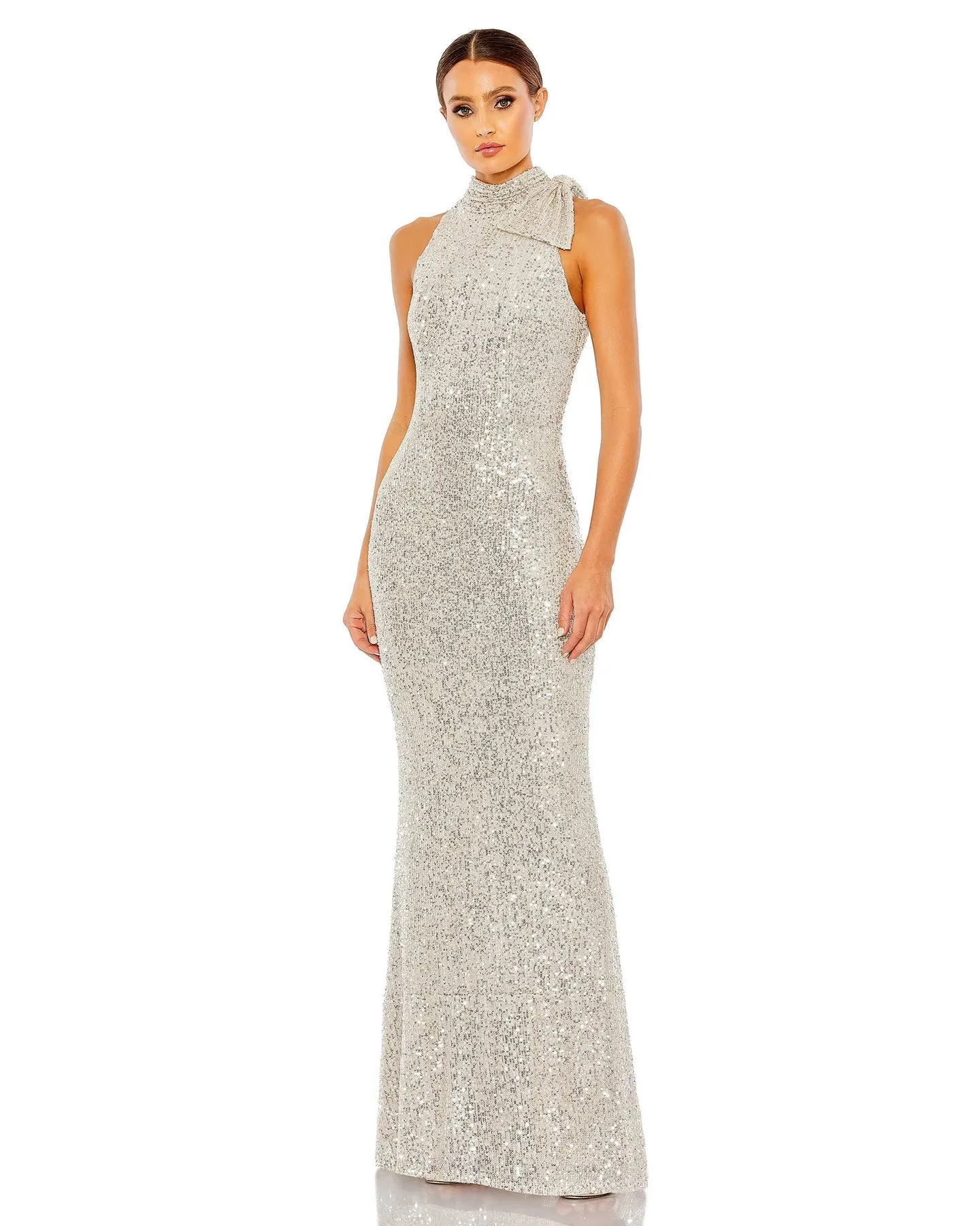Sequin tie neck column sleeveless gown - Black