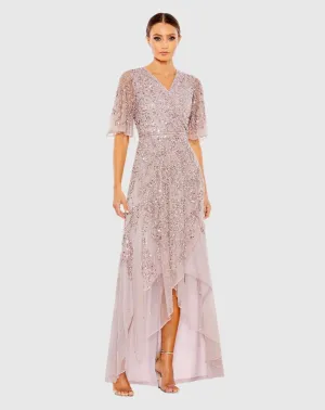 Sequined Butterfly Sleeve High Low Gown - Lilac