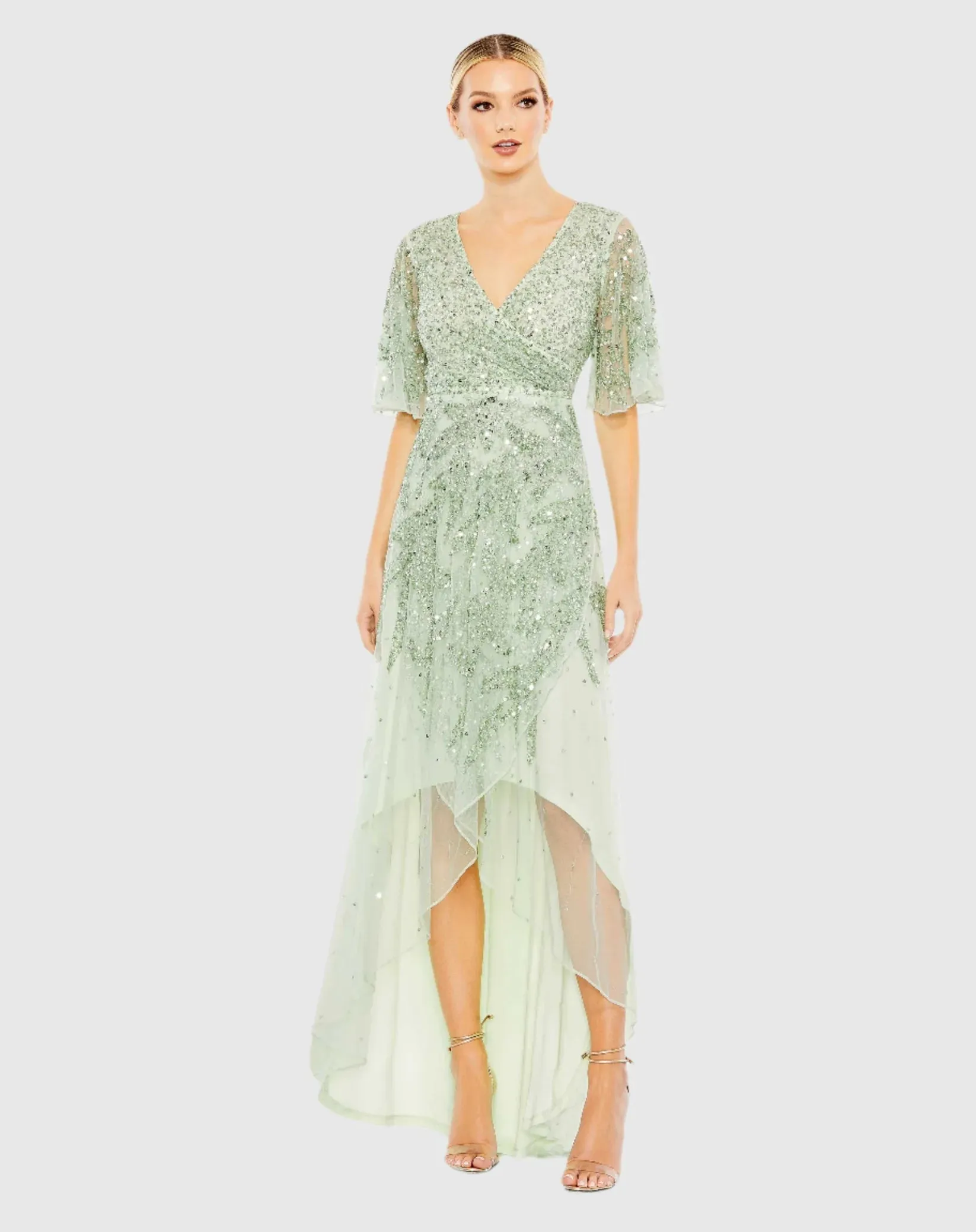 Sequined Butterfly Sleeve High Low Gown - Lilac