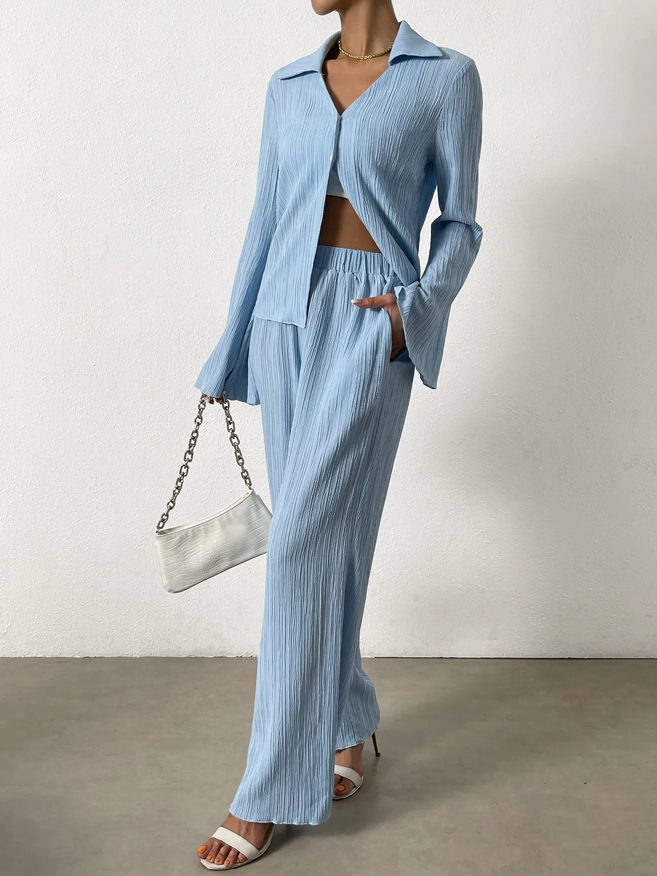 SHEIN Essnce Bell Sleeve Plisse Shirt & Wide Leg Pants