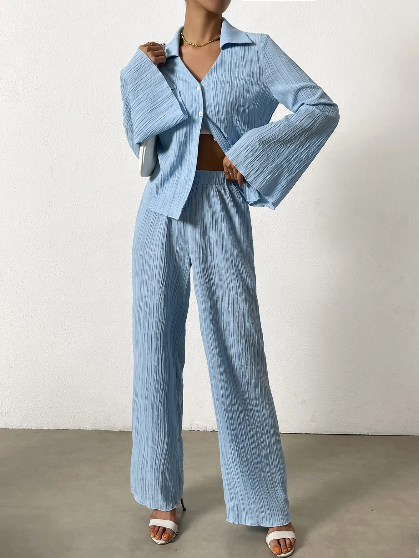 SHEIN Essnce Bell Sleeve Plisse Shirt & Wide Leg Pants